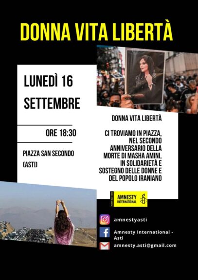 Amnesty International Asti in piazza al grido: “Donne, Vita e Libertà”