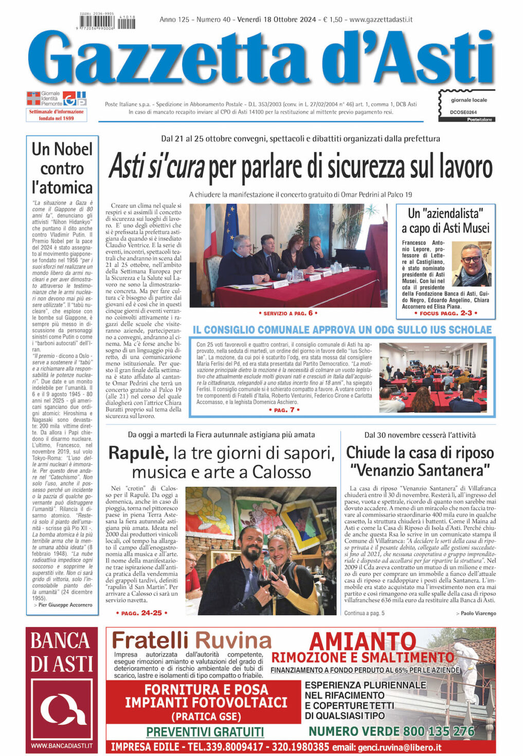 Prima pagina – 18 ottobre 2024