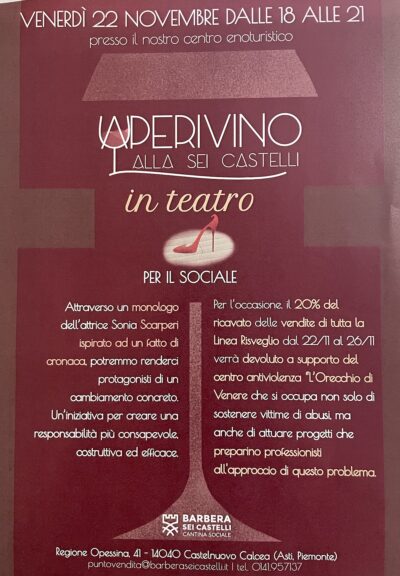 Cantina Barbera Sei Castelli lancia “Aperivino in Teatro” per il sociale